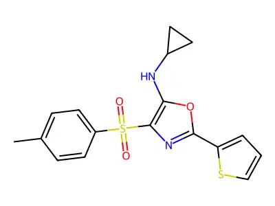 N-cyclopropyl-4-(4-methylphenyl)sulfonyl-2-thiophen-2-yl-1,3-oxazol-5-amine structure