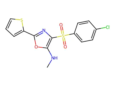 4-(4-chlorophenyl)sulfonyl-N-methyl-2-thiophen-2-yl-1,3-oxazol-5-amine structure