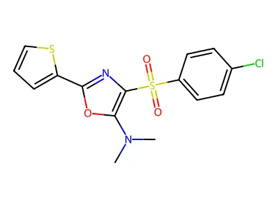 4-(4-chlorophenyl)sulfonyl-N,N-dimethyl-2-thiophen-2-yl-1,3-oxazol-5-amine structure