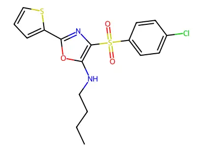 N-butyl-4-(4-chlorophenyl)sulfonyl-2-thiophen-2-yl-1,3-oxazol-5-amine structure