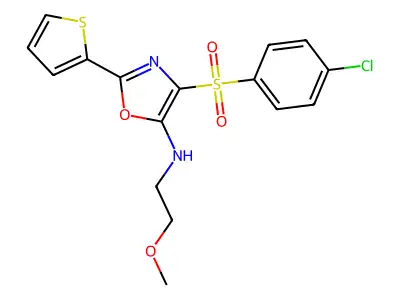 4-((4-chlorophenyl)sulfonyl)-N-(2-methoxyethyl)-2-(thiophen-2-yl)oxazol-5-amine structure