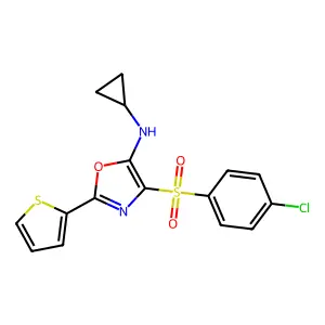 4-(4-chlorophenyl)sulfonyl-N-cyclopropyl-2-thiophen-2-yl-1,3-oxazol-5-amine structure