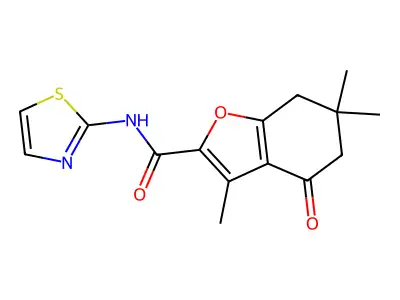 3,6,6-trimethyl-4-oxo-N-(1,3-thiazol-2-yl)-4,5,6,7-tetrahydro-1-benzofuran-2-carboxamide structure
