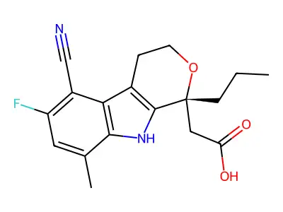 2-(5-cyano-6-fluoro-8-methyl-1-propyl-4,9-dihydro-3H-pyrano[3,4-b]indol-1-yl)acetic acid structure