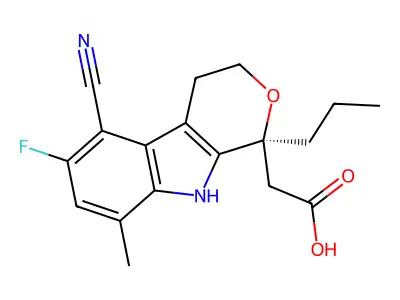 2-[(1S)-5-cyano-6-fluoro-8-methyl-1-propyl-4,9-dihydro-3H-pyrano[3,4-b]indol-1-yl]acetic acid structure