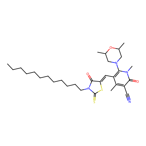 3-Pyridinecarbonitrile, 6-(2,6-dimethyl-4-morpholinyl)-5-[(3-dodecyl-4-oxo-2-thioxo-5-thiazolidinylidene)methyl]-1,2-dihydro-1,4-dimethyl-2-oxo- structure