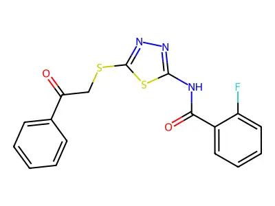 2-fluoro-N-{5-[(2-oxo-2-phenylethyl)sulfanyl]-1,3,4-thiadiazol-2-yl}benzamide structure