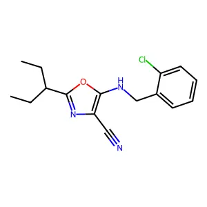5-[(2-Chlorophenyl)methylamino]-2-pentan-3-yl-1,3-oxazole-4-carbonitrile structure