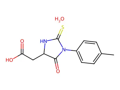 4-Imidazolidineacetic acid, 1-(4-methylphenyl)-5-oxo-2-thioxo-, hydrate structure