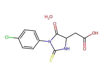4-Imidazolidineacetic acid, 1-(4-chlorophenyl)-5-oxo-2-thioxo-, hydrate structure