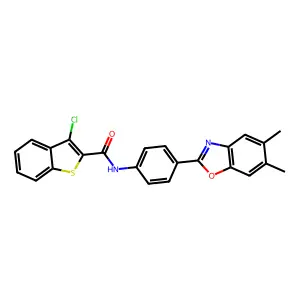 3-chloro-N-[4-(5,6-dimethyl-1,3-benzoxazol-2-yl)phenyl]-1-benzothiophene-2-carboxamide structure