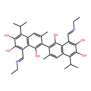 (2,2'-Binaphthalene)-1,1',6,6',7,7'-hexol, 8,8'-bis((E)-(ethylimino)methyl)-3,3'-dimethyl-5,5'-bis(1-methylethyl)- structure