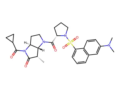 (3S,3aR,6aS)-1-Cyclopropanecarbonyl-4-[(S)-1-(6-dimethylamino-naphthalene-1-sulfonyl)-pyrrolidine-2-carbonyl]-3-methyl-hexahydro-pyrrolo[3,2-b]pyrrol-2-one structure
