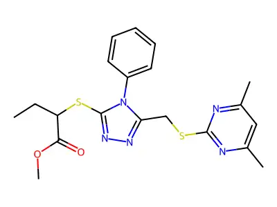 methyl 2-[[5-[(4,6-dimethylpyrimidin-2-yl)sulfanylmethyl]-4-phenyl-1,2,4-triazol-3-yl]sulfanyl]butanoate structure