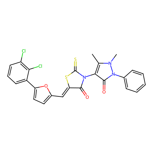 (5Z)-5-[[5-(2,3-dichlorophenyl)furan-2-yl]methylidene]-3-(1,5-dimethyl-3-oxo-2-phenylpyrazol-4-yl)-2-sulfanylidene-1,3-thiazolidin-4-one structure