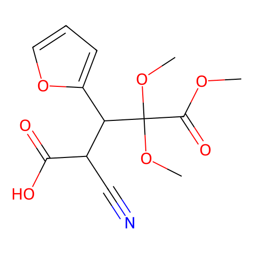 2-Cyano-3-(2-furyl)-4,4,5-trimethoxy-5-oxopentanoic acid structure
