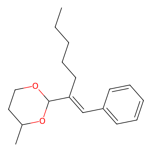 4-methyl-2-[(E)-1-phenylhept-1-en-2-yl]-1,3-dioxane structure