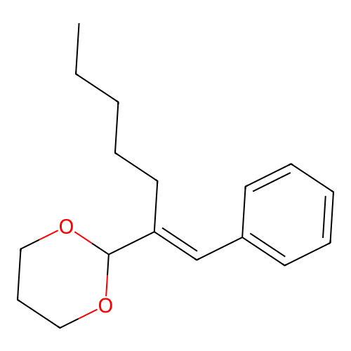 2-[(E)-1-phenylhept-1-en-2-yl]-1,3-dioxane structure