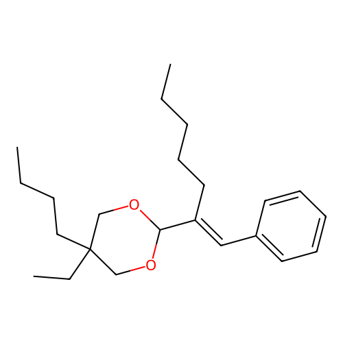 5-butyl-5-ethyl-2-[(E)-1-phenylhept-1-en-2-yl]-1,3-dioxane structure