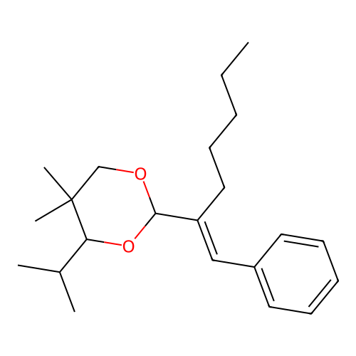 5,5-dimethyl-2-[(E)-1-phenylhept-1-en-2-yl]-4-propan-2-yl-1,3-dioxane structure