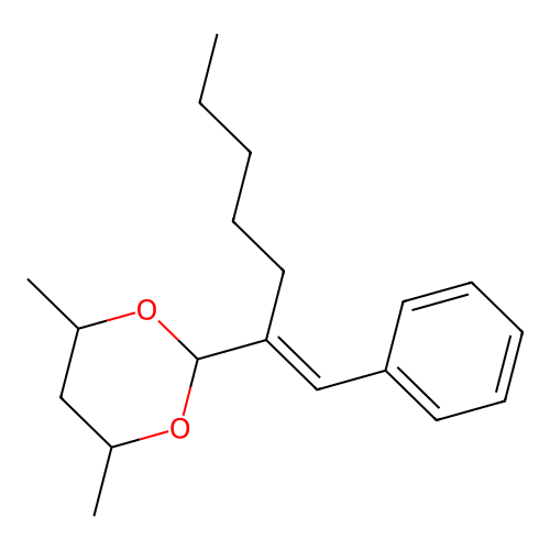 4,6-dimethyl-2-[(E)-1-phenylhept-1-en-2-yl]-1,3-dioxane structure