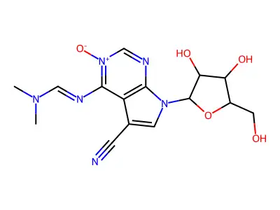 N'-[5-cyano-7-[3,4-dihydroxy-5-(hydroxymethyl)oxolan-2-yl]-3-oxidopyrrolo[2,3-d]pyrimidin-3-ium-4-yl]-N,N-dimethylmethanimidamide structure