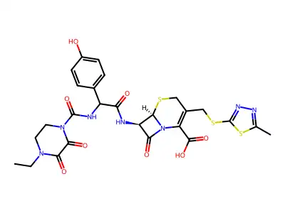 5-Thia-1-azabicyclo(4.2.0)oct-2-ene-2-carboxylic acid, 7-(((((4-ethyl-2,3-dioxo-1-piperazinyl)carbonyl)amino)(4-hydroxyphenyl)acetyl)amino)-3-(((5-methyl-1,3,4-thiadiazol-2-yl)thio)methyl)-8-oxo-, (6R-(6-alpha,7-beta(R*)))- structure