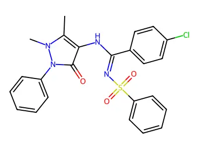 (E)-N'-(benzenesulfonyl)-4-chloro-N-(1,5-dimethyl-3-oxo-2-phenyl-2,3-dihydro-1H-pyrazol-4-yl)benzene-1-carboximidamide structure
