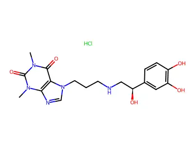 1H-Purine-2,6-dione, 3,7-dihydro-7-(3-((2-(3,4-dihydroxyphenyl)-2-hydroxyethyl)amino)propyl)-1,3-dimethyl-, monohydrochloride, (R)- structure