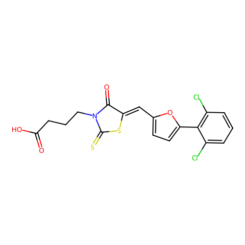 (Z)-4-(5-((5-(2,6-dichlorophenyl)furan-2-yl)methylene)-4-oxo-2-thioxothiazolidin-3-yl)butanoic acid structure