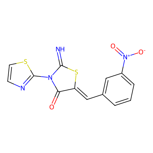 (Z)-2-imino-5-(3-nitrobenzylidene)-3-(thiazol-2-yl)thiazolidin-4-one structure