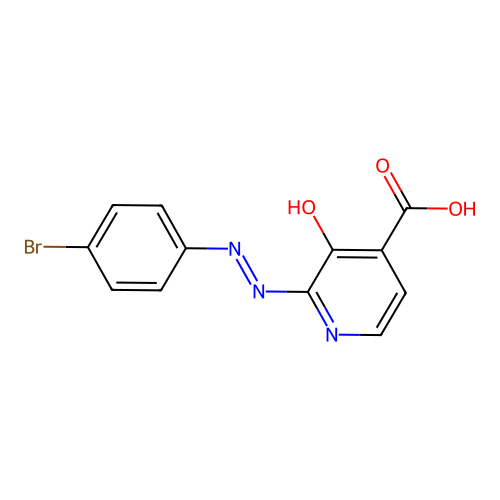 2-[(E)-(4-bromophenyl)diazenyl]-3-hydroxypyridine-4-carboxylic acid structure