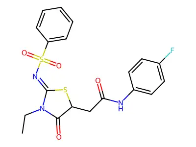 2-[2-(benzenesulfonylimino)-3-ethyl-4-oxo-1,3-thiazolidin-5-yl]-N-(4-fluorophenyl)acetamide structure