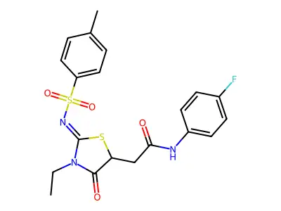 2-[3-ethyl-2-(4-methylphenyl)sulfonylimino-4-oxo-1,3-thiazolidin-5-yl]-N-(4-fluorophenyl)acetamide structure
