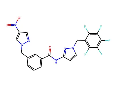 3-({4-nitro-1H-pyrazol-1-yl}methyl)-N-[1-(2,3,4,5,6-pentafluorobenzyl)-1H-pyrazol-3-yl]benzamide structure