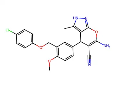 6-amino-4-{3-[(4-chlorophenoxy)methyl]-4-methoxyphenyl}-3-methyl-1,4-dihydropyrano[2,3-c]pyrazole-5-carbonitrile structure