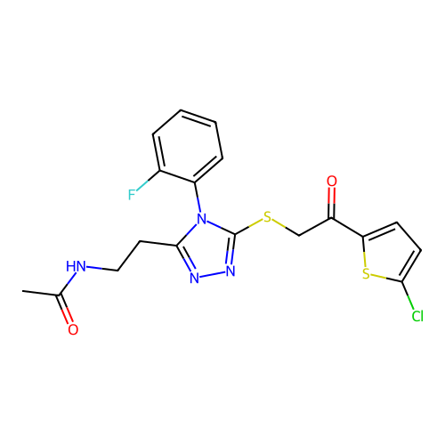 N-[2-[5-[2-(5-chlorothiophen-2-yl)-2-oxoethyl]sulfanyl-4-(2-fluorophenyl)-1,2,4-triazol-3-yl]ethyl]acetamide structure