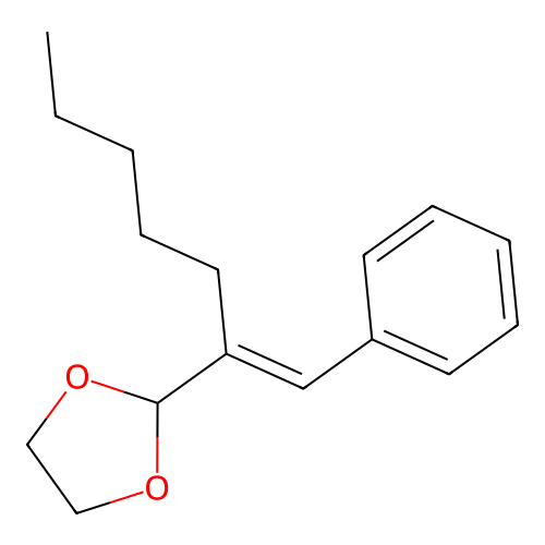 2-[(E)-1-phenylhept-1-en-2-yl]-1,3-dioxolane structure