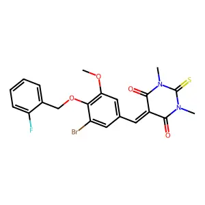 5-[[3-bromo-4-[(2-fluorophenyl)methoxy]-5-methoxyphenyl]methylidene]-1,3-dimethyl-2-sulfanylidene-1,3-diazinane-4,6-dione structure