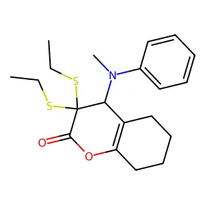 3,3-bis(ethylsulfanyl)-4-(N-methylanilino)-5,6,7,8-tetrahydro-4H-chromen-2-one structure