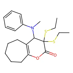 3,3-bis(ethylsulfanyl)-4-(N-methylanilino)-4,5,6,7,8,9-hexahydrocyclohepta[b]pyran-2-one structure