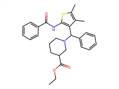 ethyl 1-[(2-benzamido-4,5-dimethylthiophen-3-yl)(phenyl)methyl]piperidine-3-carboxylate structure
