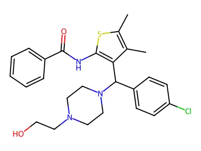 N-(3-((4-chlorophenyl)(4-(2-hydroxyethyl)piperazin-1-yl)methyl)-4,5-dimethylthiophen-2-yl)benzamide structure