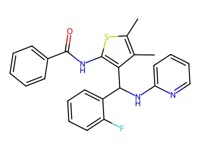 N-{3-[(2-fluorophenyl)(pyridin-2-ylamino)methyl]-4,5-dimethylthiophen-2-yl}benzamide structure