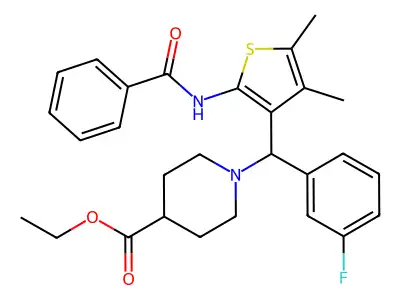 ethyl 1-[(2-benzamido-4,5-dimethylthiophen-3-yl)(3-fluorophenyl)methyl]piperidine-4-carboxylate structure