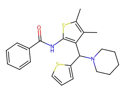 N-{4,5-dimethyl-3-[(piperidin-1-yl)(thiophen-2-yl)methyl]thiophen-2-yl}benzamide structure