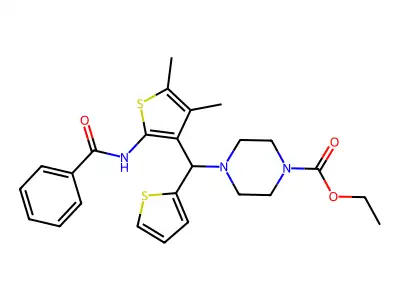 ethyl 4-[(2-benzamido-4,5-dimethylthiophen-3-yl)(thiophen-2-yl)methyl]piperazine-1-carboxylate structure