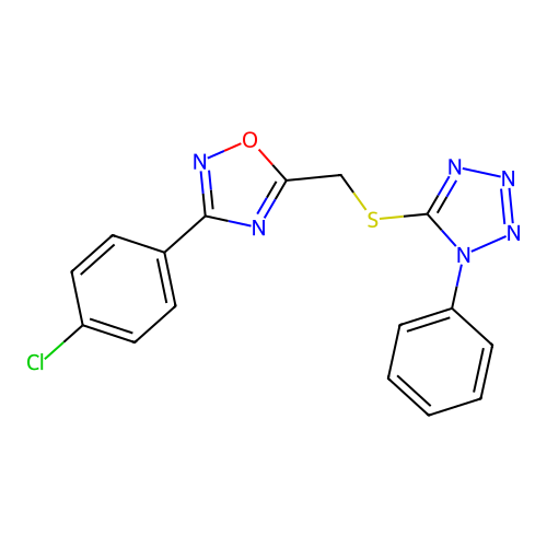 5-({[3-(4-chlorophenyl)-1,2,4-oxadiazol-5-yl]methyl}sulfanyl)-1-phenyl-1H-tetrazole structure