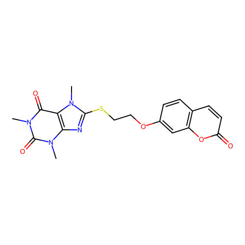 1,3,7-trimethyl-8-((2-((2-oxo-2H-chromen-7-yl)oxy)ethyl)thio)-1H-purine-2,6(3H,7H)-dione structure