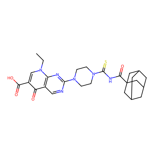 2-(4-(((3r,5r,7r)-adamantane-1-carbonyl)carbamothioyl)piperazin-1-yl)-8-ethyl-5-oxo-5,8-dihydropyrido[2,3-d]pyrimidine-6-carboxylic acid structure